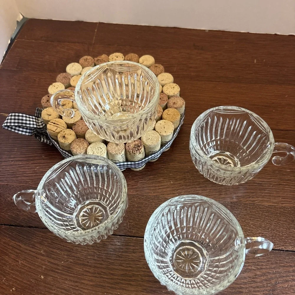 4 Indiana Glass ROYAL Drape Clear Punch Cup Hook Handle Vertical Rib & Swag 7 oz